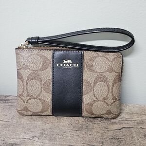 Coach Corner Zip Wristlet In Signature Canvas With Stripe